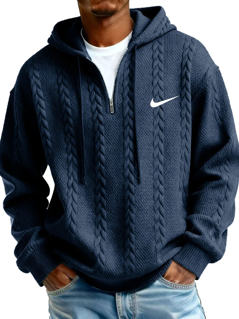 Half Zip Cable-Knit Textured Fleece Hoodie
