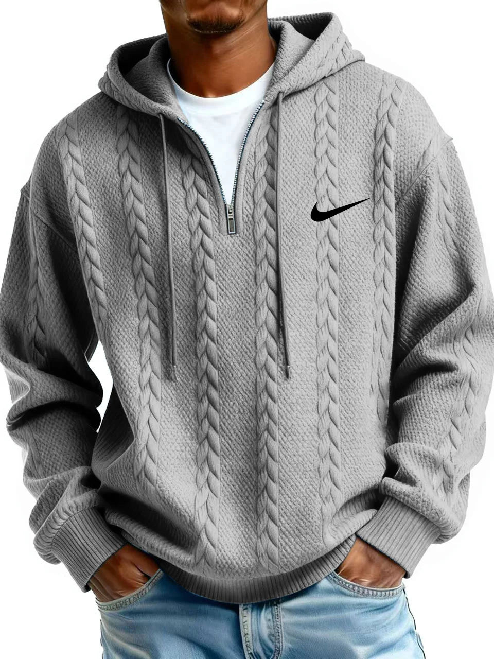 Half Zip Cable-Knit Textured Fleece Hoodie