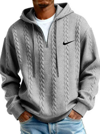 Half Zip Cable-Knit Textured Fleece Hoodie