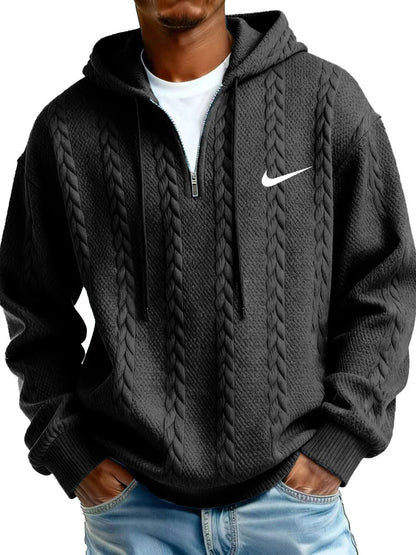 Half Zip Cable-Knit Textured Fleece Hoodie