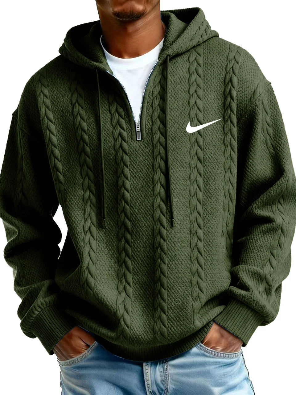 Half Zip Cable-Knit Textured Fleece Hoodie