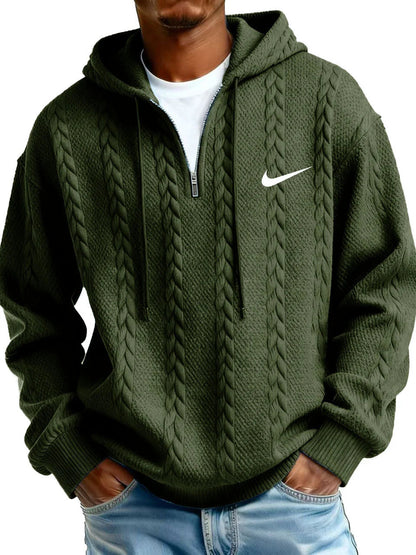 Half Zip Cable-Knit Textured Fleece Hoodie